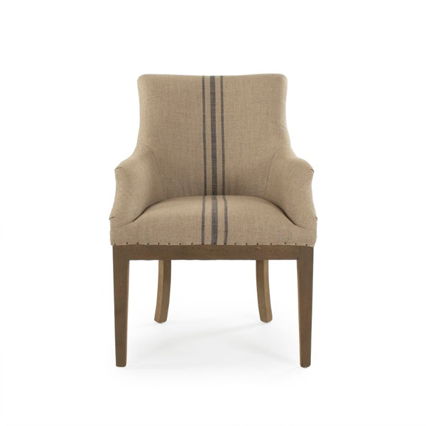 Zentique Liberte Deconstructed Arm Chair with Linen Upholstery and Solid Birch Frame for Cozy Modern Lounging Dry Finished Birch, Khaki Linen with Blue Pinstripe, Burlap CF139 513 A033 Blue Stripe