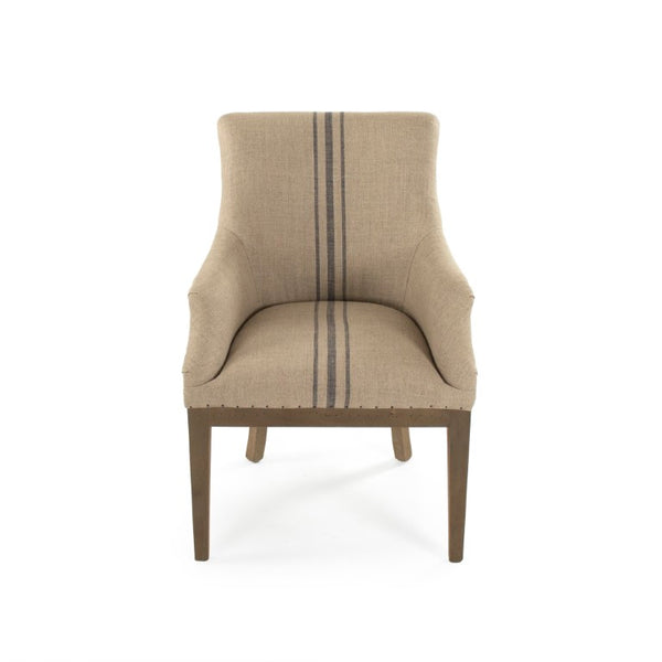 Zentique Liberte Deconstructed Arm Chair with Linen Upholstery and Solid Birch Frame for Cozy Modern Lounging Dry Finished Birch, Khaki Linen with Blue Pinstripe, Burlap CF139 513 A033 Blue Stripe