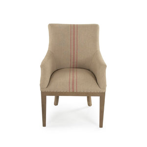 Zentique Liberte Deconstructed Arm Chair with Linen Upholstery and Solid Birch Frame for Cozy Modern Lounging Dry Finished Birch, Khaki Linen with Red Pinstripe, Burlap CF139 513 A034 Red Stripe