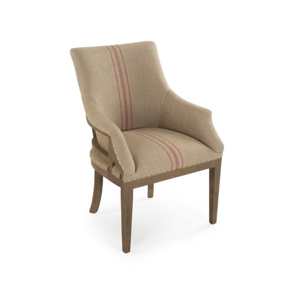 Zentique Liberte Deconstructed Arm Chair with Linen Upholstery and Solid Birch Frame for Cozy Modern Lounging Dry Finished Birch, Khaki Linen with Red Pinstripe, Burlap CF139 513 A034 Red Stripe