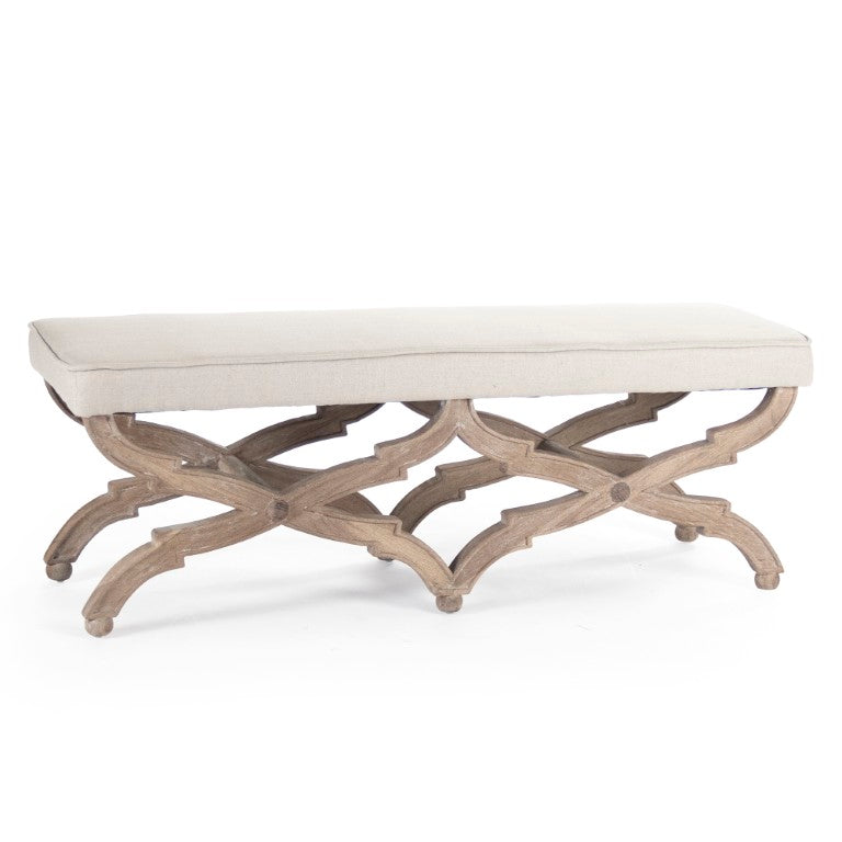 Zentique Crescenzo Bench with Solid Oak Frame and Cushioned Linen Upholstery for Entryway, Bedroom Seating Limed Grey Oak, Natural Linen CF163 E272 A003