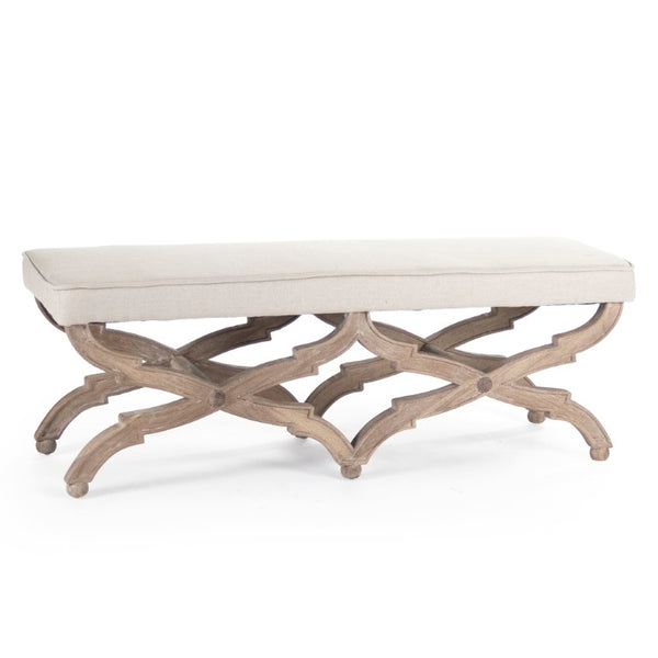 Zentique Crescenzo Bench with Solid Oak Frame and Cushioned Linen Upholstery for Entryway, Bedroom Seating Limed Grey Oak, Natural Linen CF163 E272 A003