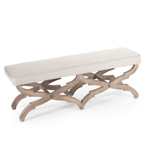 Zentique Crescenzo Bench with Solid Oak Frame and Cushioned Linen Upholstery for Entryway, Bedroom Seating Limed Grey Oak, Natural Linen CF163 E272 A003