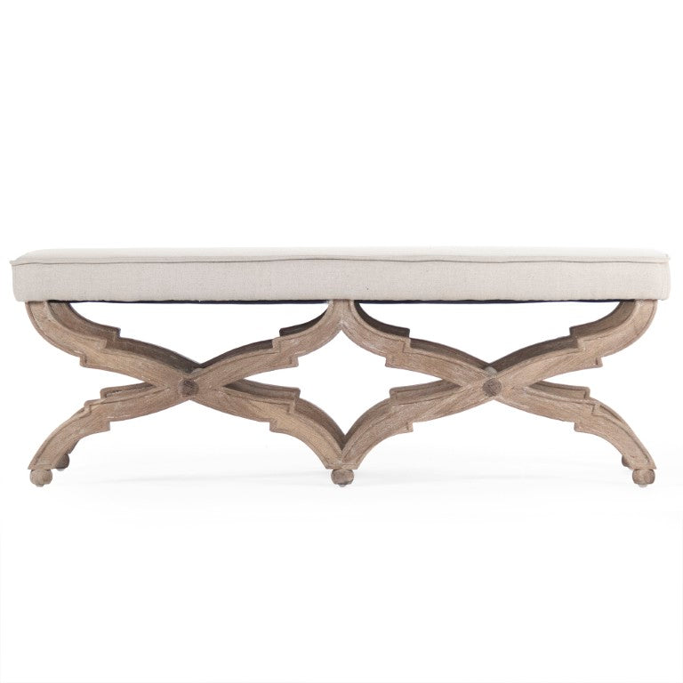 Zentique Crescenzo Bench with Solid Oak Frame and Cushioned Linen Upholstery for Entryway, Bedroom Seating Limed Grey Oak, Natural Linen CF163 E272 A003