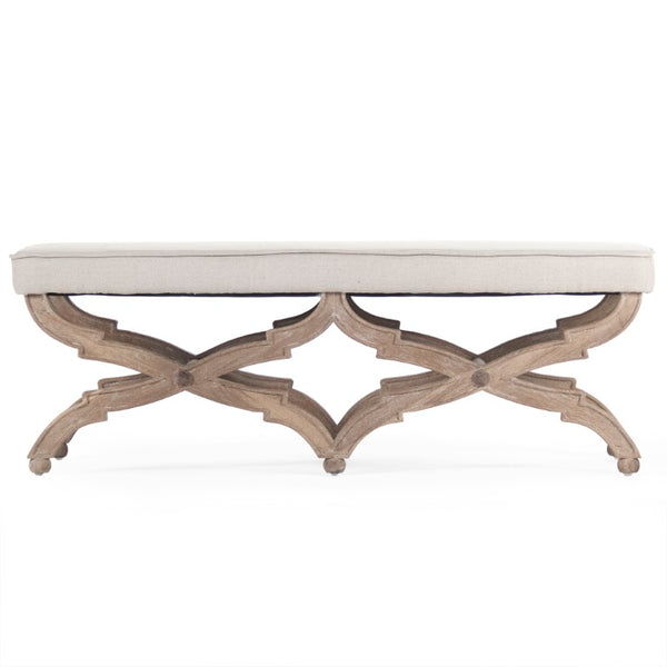 Zentique Crescenzo Bench with Solid Oak Frame and Cushioned Linen Upholstery for Entryway, Bedroom Seating Limed Grey Oak, Natural Linen CF163 E272 A003