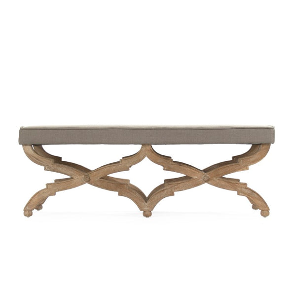 Zentique Crescenzo Bench with Solid Oak Frame and Cushioned Linen Upholstery for Entryway, Bedroom Seating Limed Grey Oak, Grey Linen CF163 E272 A048