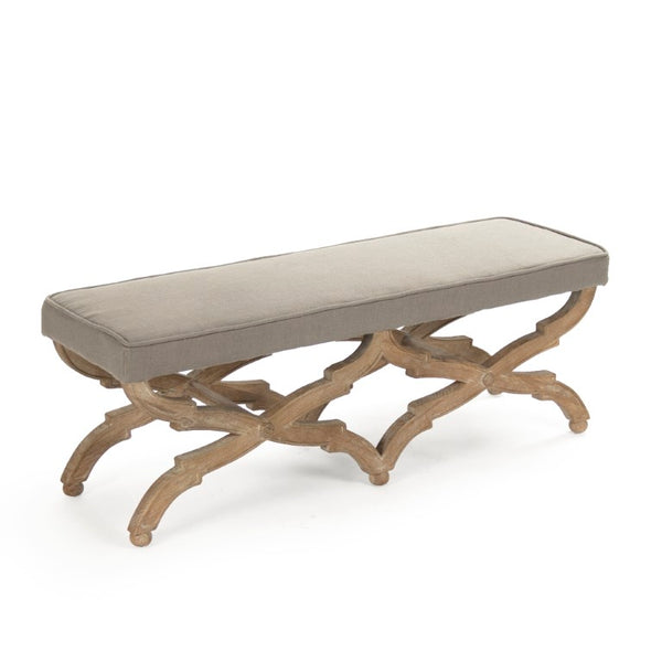 Zentique Crescenzo Bench with Solid Oak Frame and Cushioned Linen Upholstery for Entryway, Bedroom Seating Limed Grey Oak, Grey Linen CF163 E272 A048
