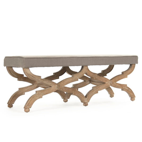 Zentique Crescenzo Bench with Solid Oak Frame and Cushioned Linen Upholstery for Entryway, Bedroom Seating Limed Grey Oak, Grey Linen CF163 E272 A048