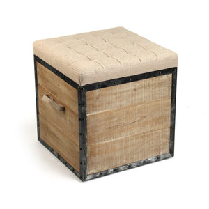 Zentique Faye Oak Stool with Burlap Seat — Compact 18.5" x 19" Versatile Vanity & Accent Seating, Durable Finish CF192 Burlap H014