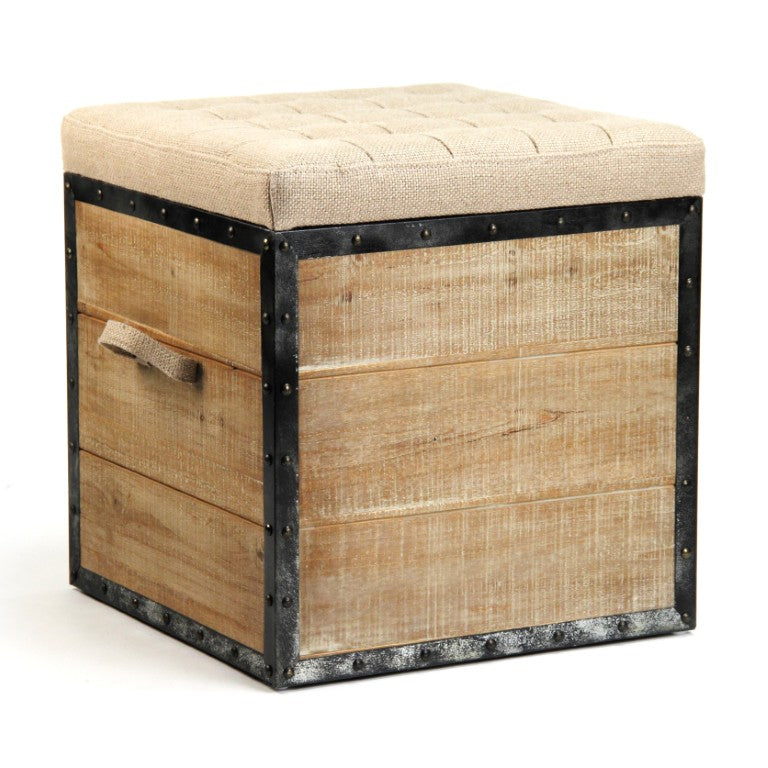 Zentique Faye Oak Stool with Burlap Seat — Compact 18.5" x 19" Versatile Vanity & Accent Seating, Durable Finish CF192 Burlap H014