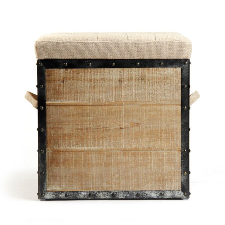 Zentique Faye Oak Stool with Burlap Seat — Compact 18.5" x 19" Versatile Vanity & Accent Seating, Durable Finish CF192 Burlap H014