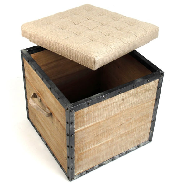 Zentique Faye Oak Stool with Burlap Seat — Compact 18.5" x 19" Versatile Vanity & Accent Seating, Durable Finish CF192 Burlap H014