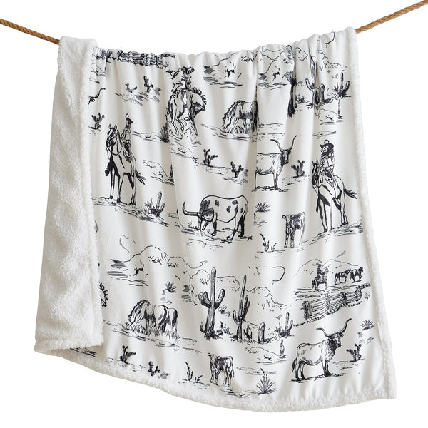 Hiend Accents Ranch Life Western Toile Campfire Sherpa Throw - Cozy Rustic Charm For Stylish Home Decor Black,White Front, 100% Polyester,Back, 100% Polyester (Sherpa Fabric) Cf2138th-os-bk