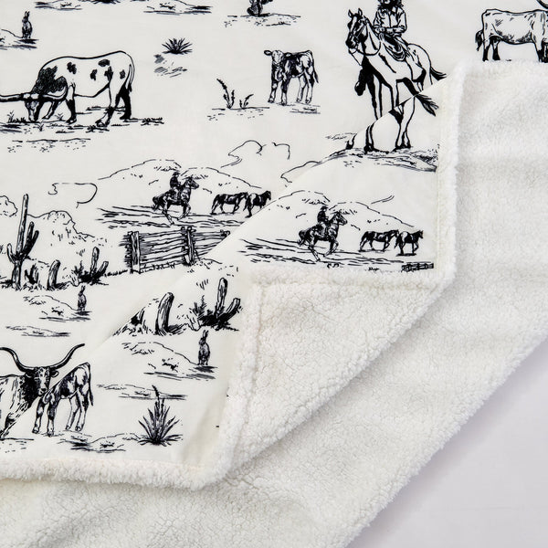 Hiend Accents Ranch Life Western Toile Campfire Sherpa Throw - Cozy Rustic Charm For Stylish Home Decor Black,White Front, 100% Polyester,Back, 100% Polyester (Sherpa Fabric) Cf2138th-os-bk