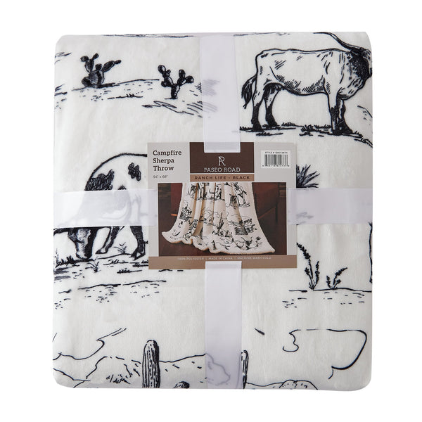 Hiend Accents Ranch Life Western Toile Campfire Sherpa Throw - Cozy Rustic Charm For Stylish Home Decor Black,White Front, 100% Polyester,Back, 100% Polyester (Sherpa Fabric) Cf2138th-os-bk