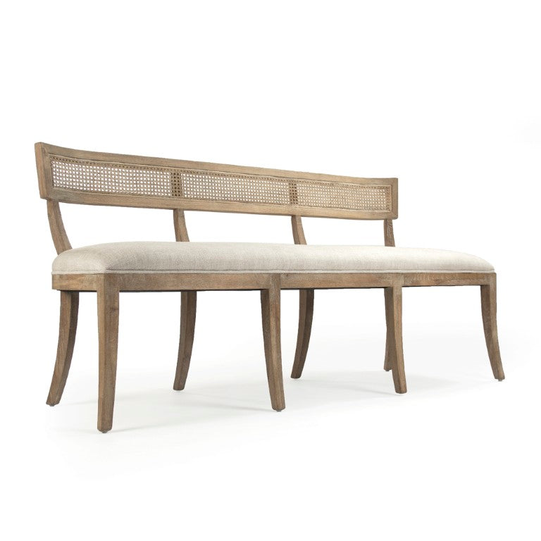 Zentique Carvell Oak Cane Back Bench with Linen Seat — Compact, Padded Entryway Seating, Scandinavian-Style Durability CF282-3-R Cane E272 A015-A