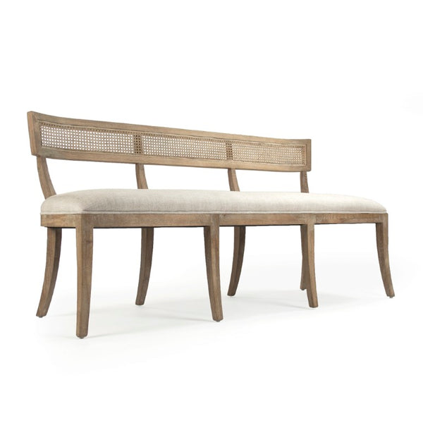 Zentique Carvell Oak Cane Back Bench with Linen Seat — Compact, Padded Entryway Seating, Scandinavian-Style Durability CF282-3-R Cane E272 A015-A