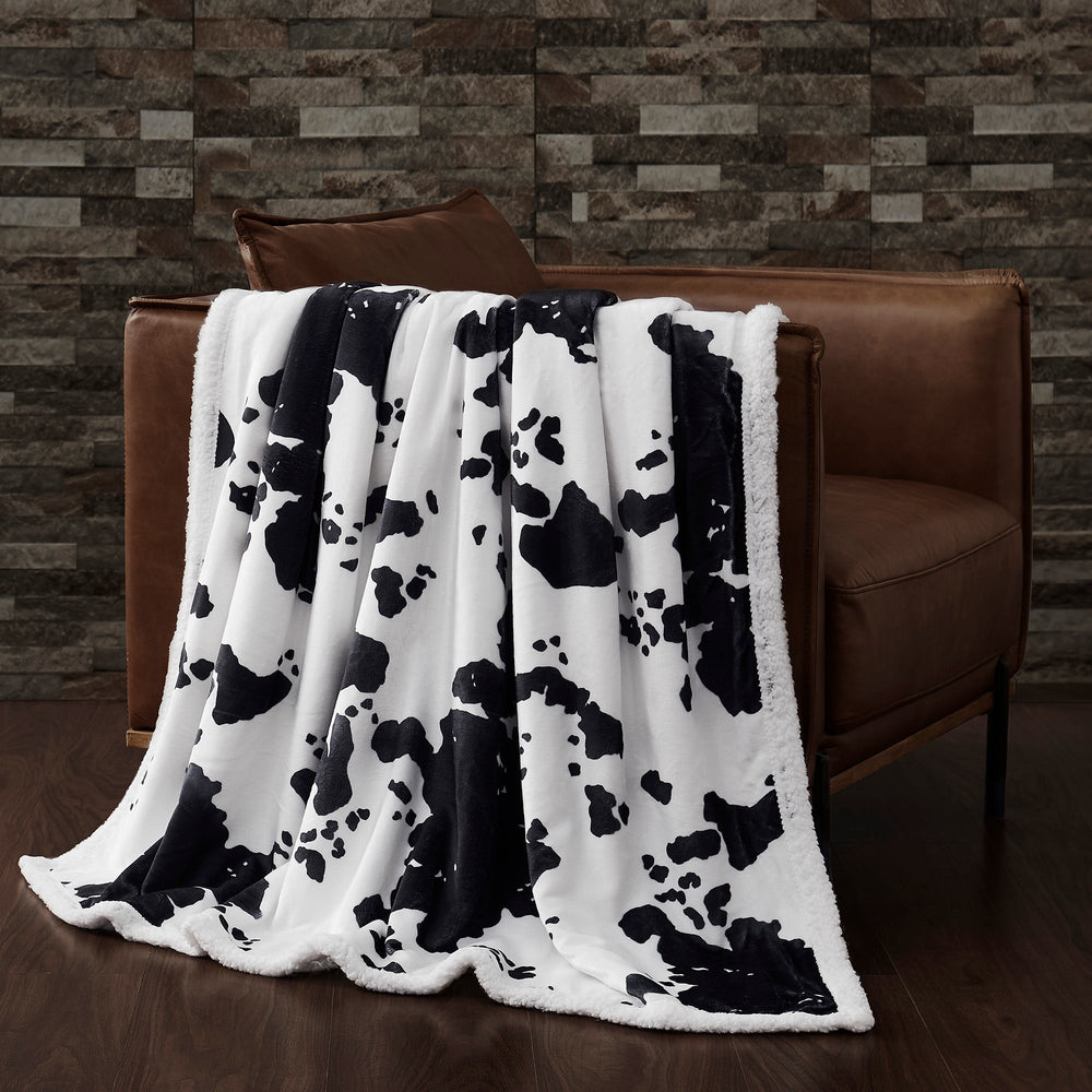 Hiend Accents Elsa Cowhide Campfire Sherpa Throw - Luxurious Warmth For Cozy Nights & Stylish Home Décor Black,White Front, 100% Polyester,Back, 100% Polyester (Sherpa Fabric) Cf3067th-os-bk