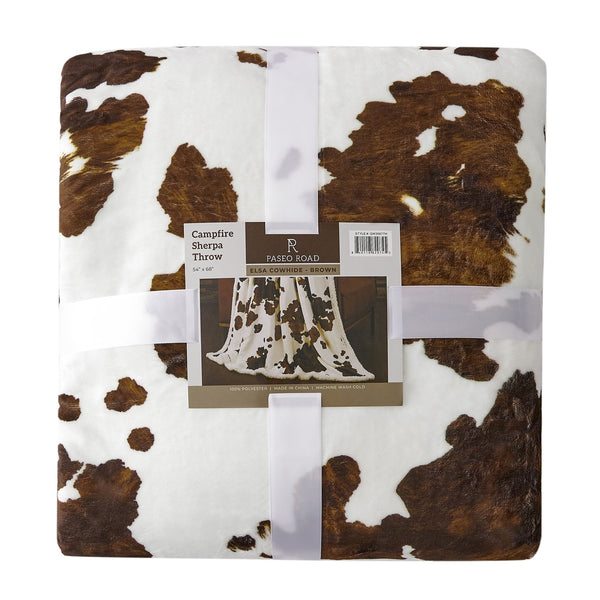 Hiend Accents Elsa Cowhide Campfire Sherpa Throw - Luxurious Warmth For Cozy Nights & Stylish Home Décor Tan,Natural Front, 100% Polyester,Back, 100% Polyester (Sherpa Fabric) Cf3067th-os-br