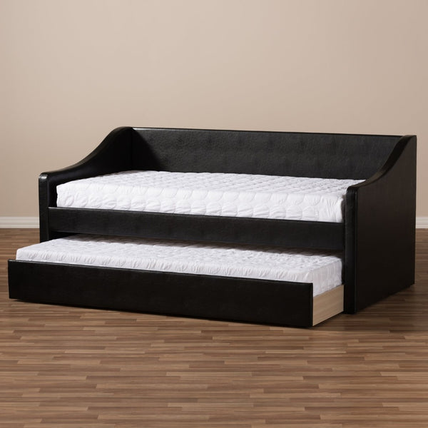 Baxton Studio Baxton Studio Modern Faux Leather Daybed with Roll-Out Trundle for Stylish Guest Accommodations Barnstorm Black CF8755-Black-Day Bed