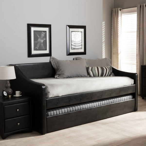 Baxton Studio Baxton Studio Modern Faux Leather Daybed with Roll-Out Trundle for Stylish Guest Accommodations Barnstorm Black CF8755-Black-Day Bed