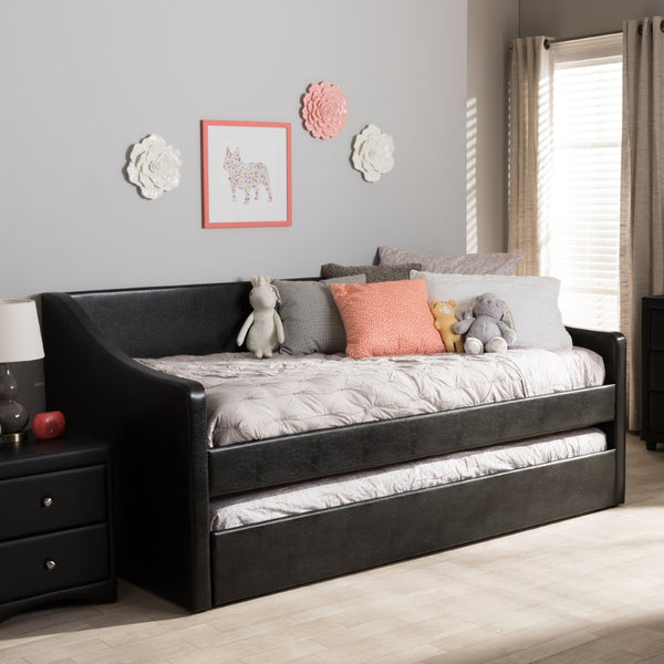Baxton Studio Baxton Studio Modern Faux Leather Daybed with Roll-Out Trundle for Stylish Guest Accommodations Barnstorm Black CF8755-Black-Day Bed
