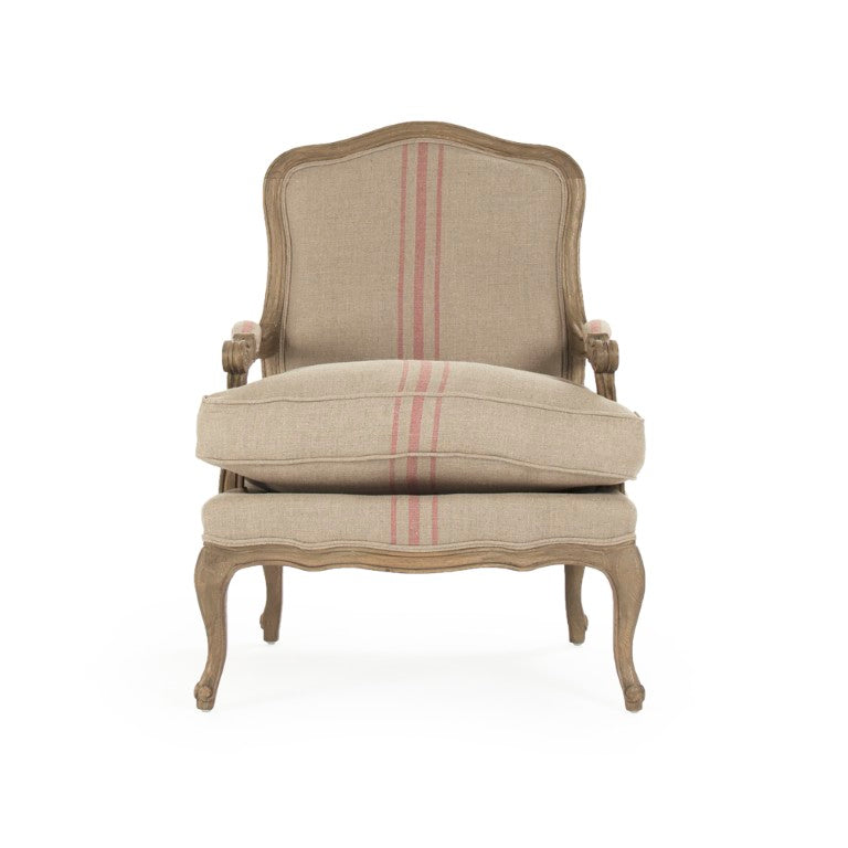 Zentique Bastille Love Chair — Compact European Accent Chair with Warm Oak Frame and Breathable Linen Upholstery Reclaimed Oak, Khaki Linen with Red Stripe CFH004-1 E255-3 Stripe Red