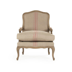 Zentique Bastille Love Chair — Compact European Accent Chair with Warm Oak Frame and Breathable Linen Upholstery Reclaimed Oak, Khaki Linen with Red Stripe CFH004-1 E255-3 Stripe Red