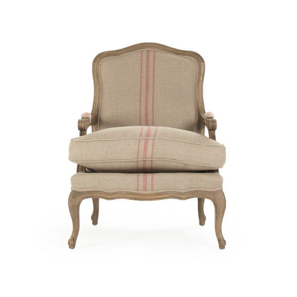 Zentique Bastille Love Chair — Compact European Accent Chair with Warm Oak Frame and Breathable Linen Upholstery Reclaimed Oak, Khaki Linen with Red Stripe CFH004-1 E255-3 Stripe Red