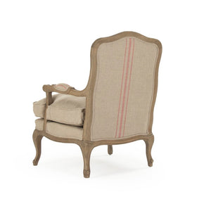 Zentique Bastille Love Chair — Compact European Accent Chair with Warm Oak Frame and Breathable Linen Upholstery Reclaimed Oak, Khaki Linen with Red Stripe CFH004-1 E255-3 Stripe Red