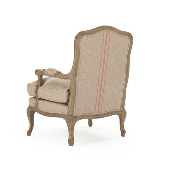 Zentique Bastille Love Chair — Compact European Accent Chair with Warm Oak Frame and Breathable Linen Upholstery Reclaimed Oak, Khaki Linen with Red Stripe CFH004-1 E255-3 Stripe Red