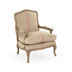 Zentique Bastille Love Chair — Compact European Accent Chair with Warm Oak Frame and Breathable Linen Upholstery Reclaimed Oak, Khaki Linen with Red Stripe CFH004-1 E255-3 Stripe Red