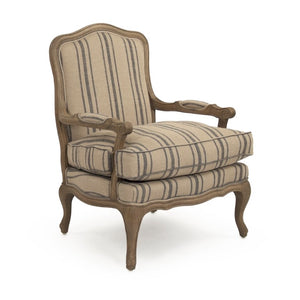 Zentique Bastille Love Chair — Compact European Accent Chair with Warm Oak Frame and Breathable Linen Upholstery Reclaimed Oak, English Khaki Linen with Blue Stripe CFH004-1 E255-3 Stripe Blue