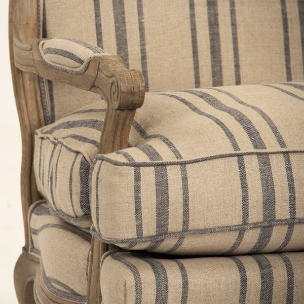 Zentique Bastille Love Chair — Compact European Accent Chair with Warm Oak Frame and Breathable Linen Upholstery Reclaimed Oak, English Khaki Linen with Blue Stripe CFH004-1 E255-3 Stripe Blue
