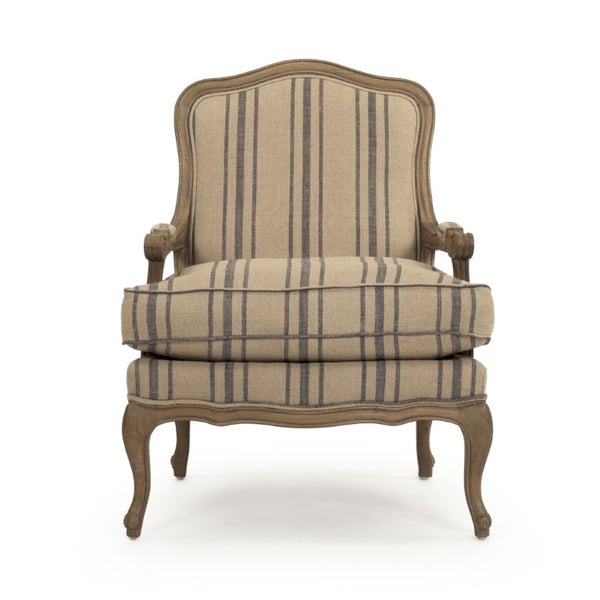 Zentique Bastille Love Chair — Compact European Accent Chair with Warm Oak Frame and Breathable Linen Upholstery Reclaimed Oak, English Khaki Linen with Blue Stripe CFH004-1 E255-3 Stripe Blue