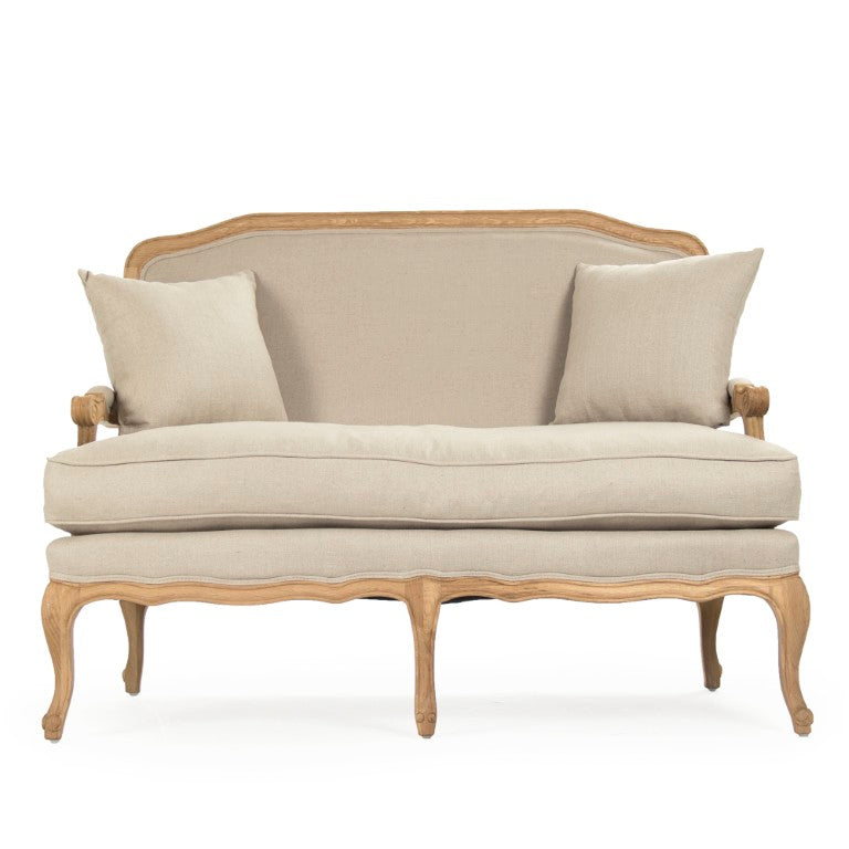 Zentique Bastille Settee with Solid Oak Frame and Breathable Linen Upholstery for Stylish Compact Seating (98) Natural Oak, Natural Linen CFH004-2 E255 A003