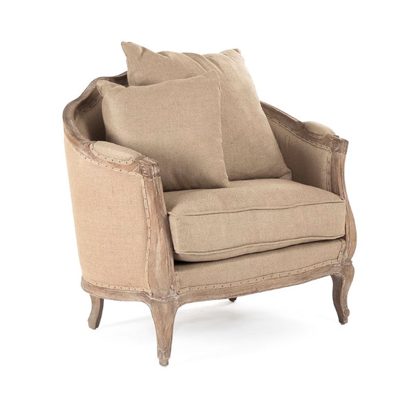Zentique Maison Oak Frame Love Chair with Linen-Burlap Upholstery, Cozy Padded Seat, Timeless Modern Style CFH007-1 E272 Jute H009