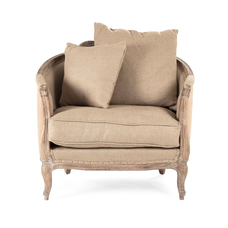 Zentique Maison Oak Frame Love Chair with Linen-Burlap Upholstery, Cozy Padded Seat, Timeless Modern Style CFH007-1 E272 Jute H009
