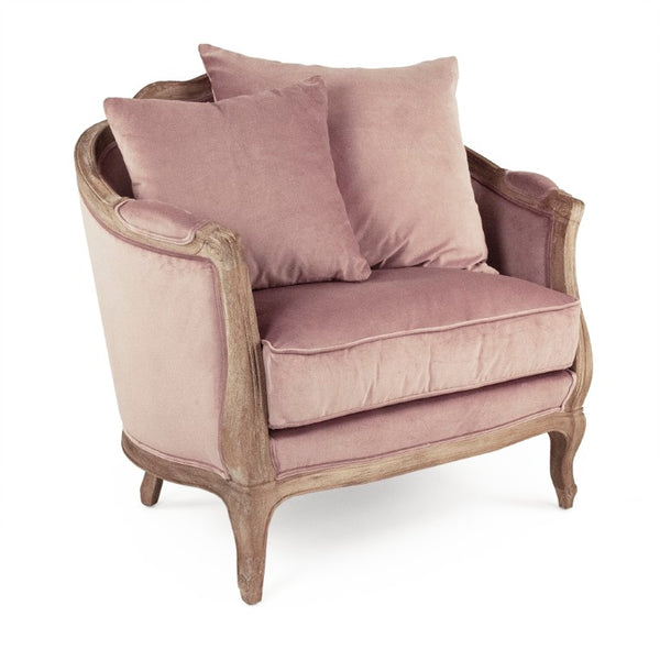 Zentique Maison Love Chair — Compact Oak Frame Velvet Accent Chair with Plush Padding for Stylish Comfort Limed Grey Oak, Dusty Rose Velvet CFH007-1 E272 V004