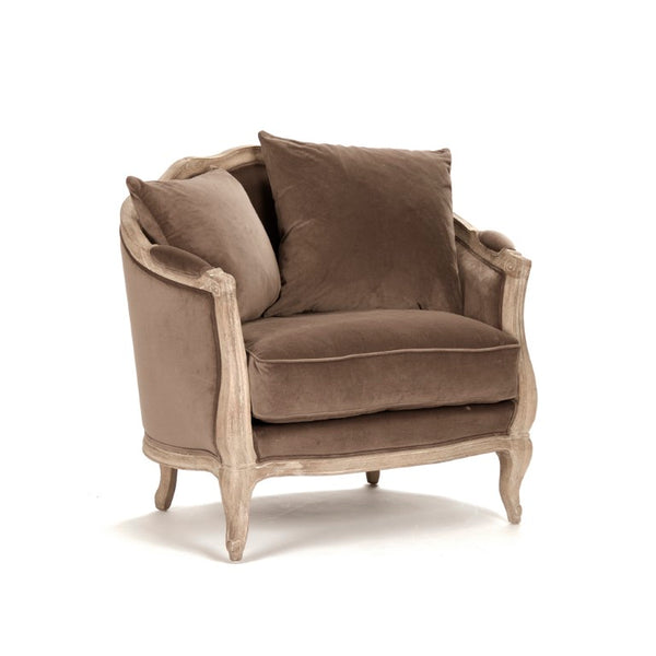 Zentique Maison Love Chair — Compact Oak Frame Velvet Accent Chair with Plush Padding for Stylish Comfort Limed Grey Oak, Brown Velvet CFH007-1 E272 V011