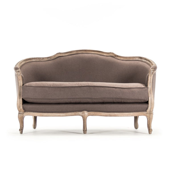 Zentique Maison Settee elegant French-inspired oak frame settee with breathable linen, compact cozy seating (97) Limed Grey Oak, Aubergine Linen CFH007-2 E272 A008