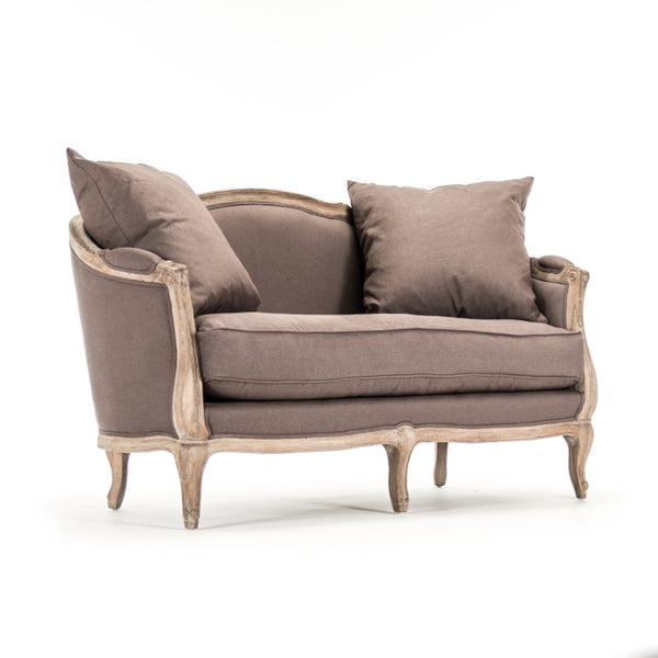 Zentique Maison Settee elegant French-inspired oak frame settee with breathable linen, compact cozy seating (97) Limed Grey Oak, Aubergine Linen CFH007-2 E272 A008