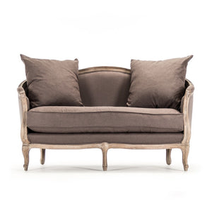 Zentique Maison Settee elegant French-inspired oak frame settee with breathable linen, compact cozy seating (97) Limed Grey Oak, Aubergine Linen CFH007-2 E272 A008