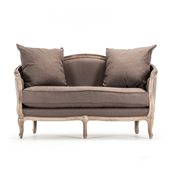 Zentique Maison Settee elegant French-inspired oak frame settee with breathable linen, compact cozy seating (97) Limed Grey Oak, Aubergine Linen CFH007-2 E272 A008