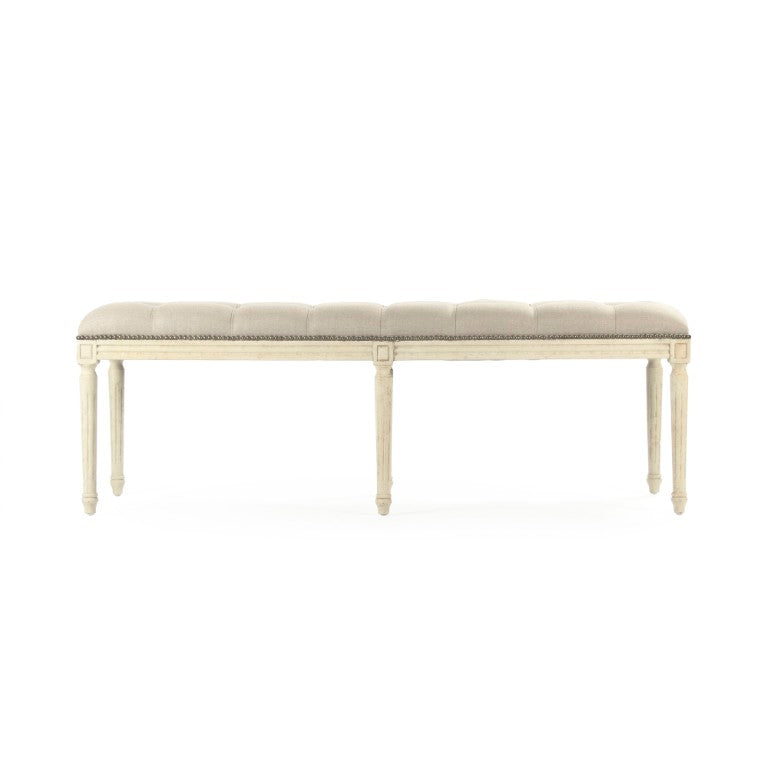 Zentique Louis Tufted Bench with Birch Frame and Premium Linen Upholstery — Elegant Seating for Entryway or Bedroom Distressed Ivory Birch, Natural Linen CFH034-3-Z 309 A003 w/ Nailhead