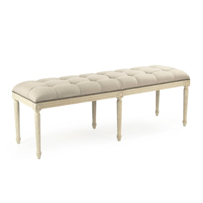 Zentique Louis Tufted Bench with Birch Frame and Premium Linen Upholstery — Elegant Seating for Entryway or Bedroom Distressed Ivory Birch, Natural Linen CFH034-3-Z 309 A003 w/ Nailhead
