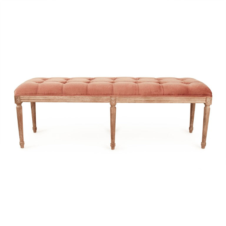 Zentique Louis Tufted Bench with Velvet Upholstery and Solid Oak Frame — Timeless Comfort for Entryway or Bedroom Limed Grey Oak, Rose Velvet CFH034-3 E272 V069