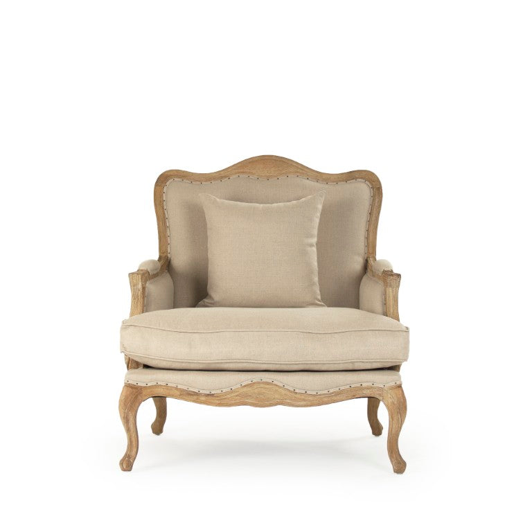 Zentique Belmont Club Chair with Solid Oak Frame, Linen-Blend Upholstery, Supportive Foam Comfort, Rustic Elegance Limed Grey Oak, Natural Linen/Burlap CFH111 E272 A003/Jute