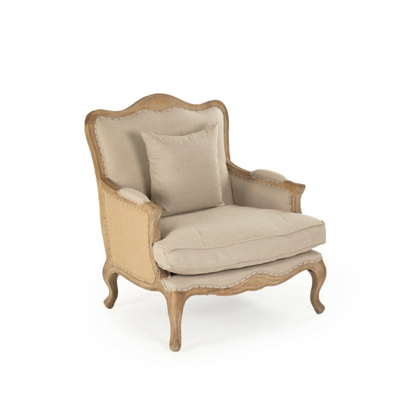 Zentique Belmont Club Chair with Solid Oak Frame, Linen-Blend Upholstery, Supportive Foam Comfort, Rustic Elegance Limed Grey Oak, Natural Linen/Burlap CFH111 E272 A003/Jute