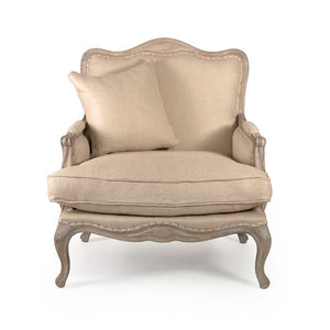 Zentique Belmont Club Chair with Solid Oak Frame, Linen-Blend Upholstery, Supportive Foam Comfort, Rustic Elegance Limed Grey Oak, Hemp Linen, Burlap CFH111 E272 Jute H009
